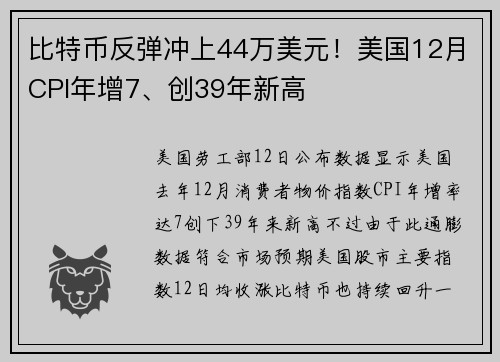 比特币反弹冲上44万美元！美国12月CPI年增7、创39年新高